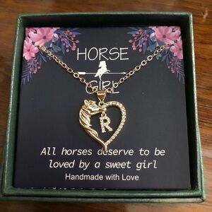 Horse Girl 14kt Gold Plated Stainless Steel & Cubic Zirconia “R” Heart Necklace